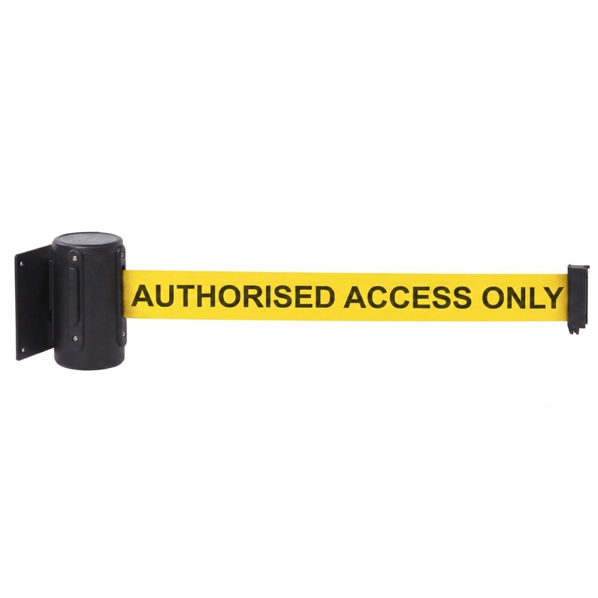 A yellow retractable barrier tape with black text reading 'AUTHORISED ACCESS ONLY', attached to a black cylindrical post and wall mount on a white background.