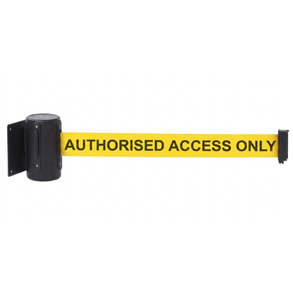A yellow retractable barrier tape with black text reading 'AUTHORISED ACCESS ONLY', attached to a black cylindrical post and wall mount on a white background.