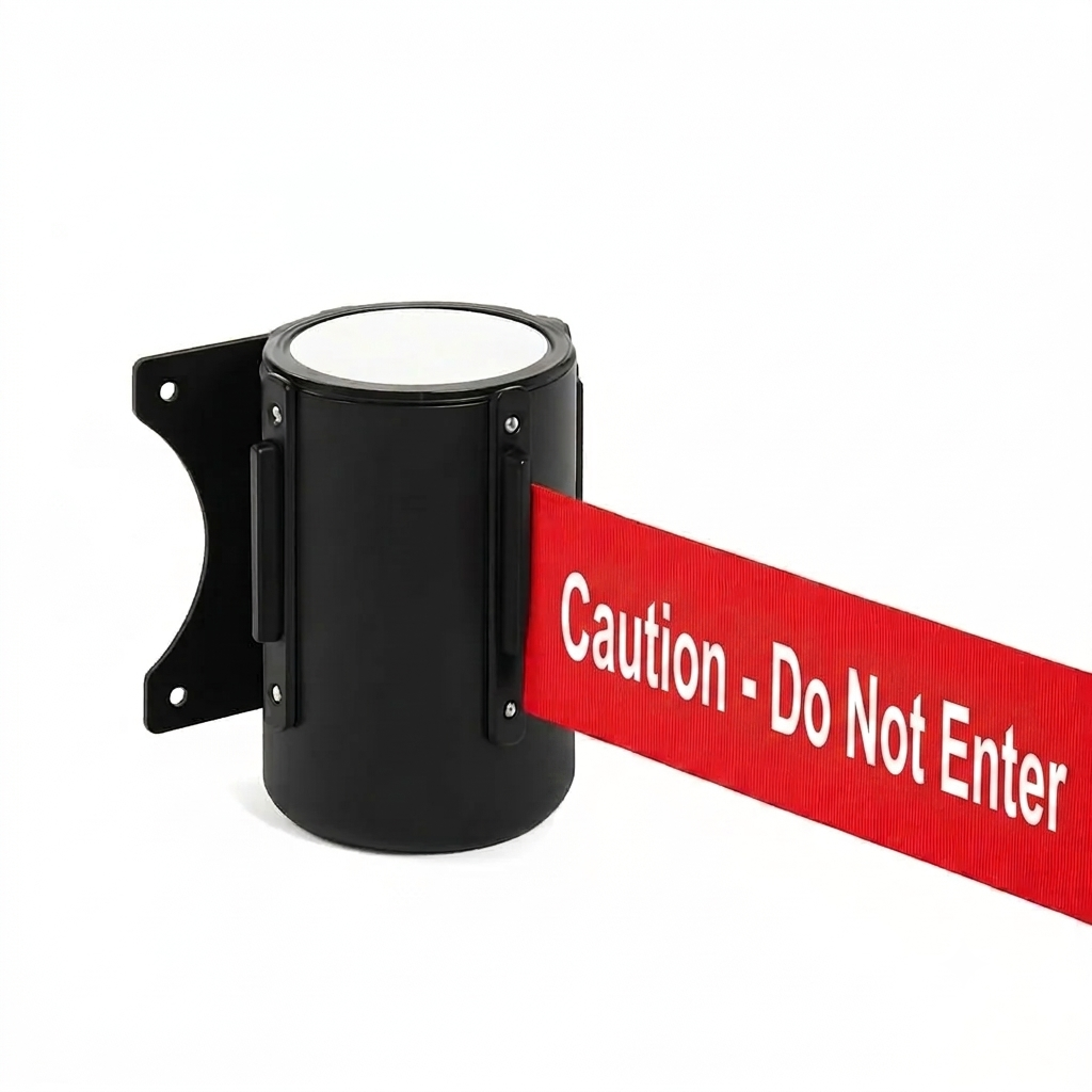 A black cylindrical wall-mounted barrier with a red retractable belt or tape that reads 'Caution - Do Not Enter' in white text, shown on a white background.