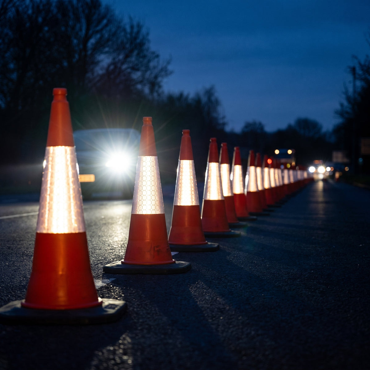 COCUS 750mm traffic cones with reflective sleeves at night