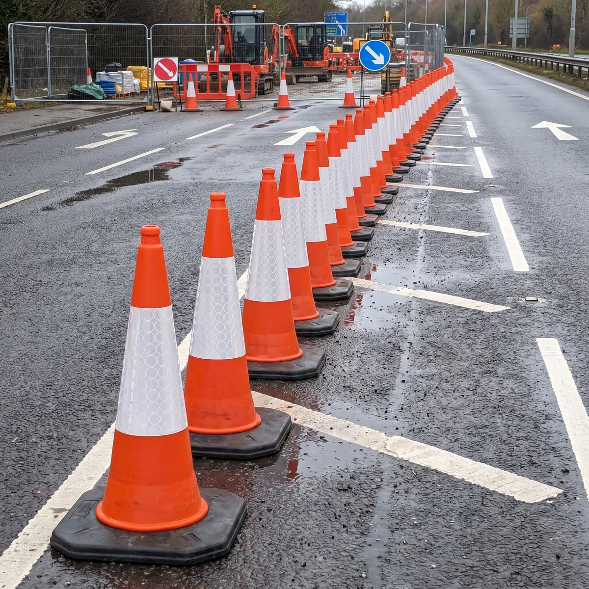 COCUS 750mm traffic cones coning off a lane at a UK roadworks site