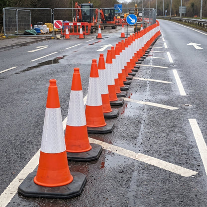 COCUS 750mm traffic cones coning off a lane at a UK roadworks site