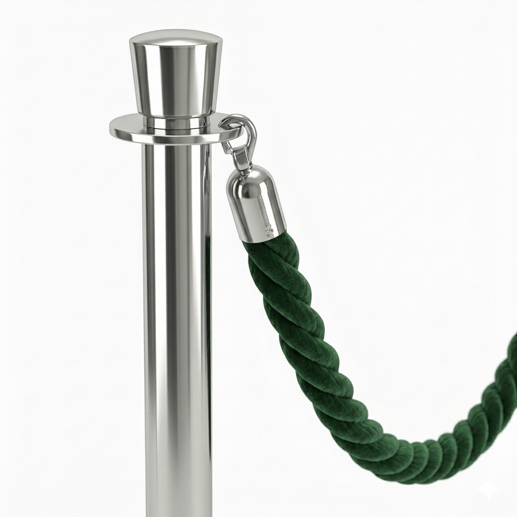 Metal stake with green velvet rope on a white background