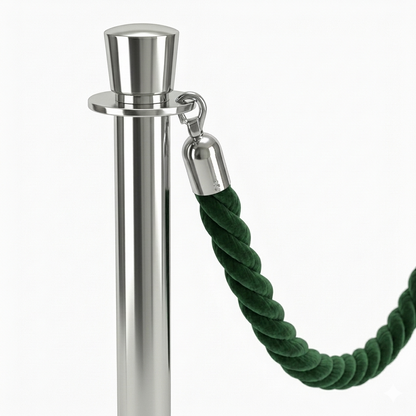Metal stake with green velvet rope on a white background