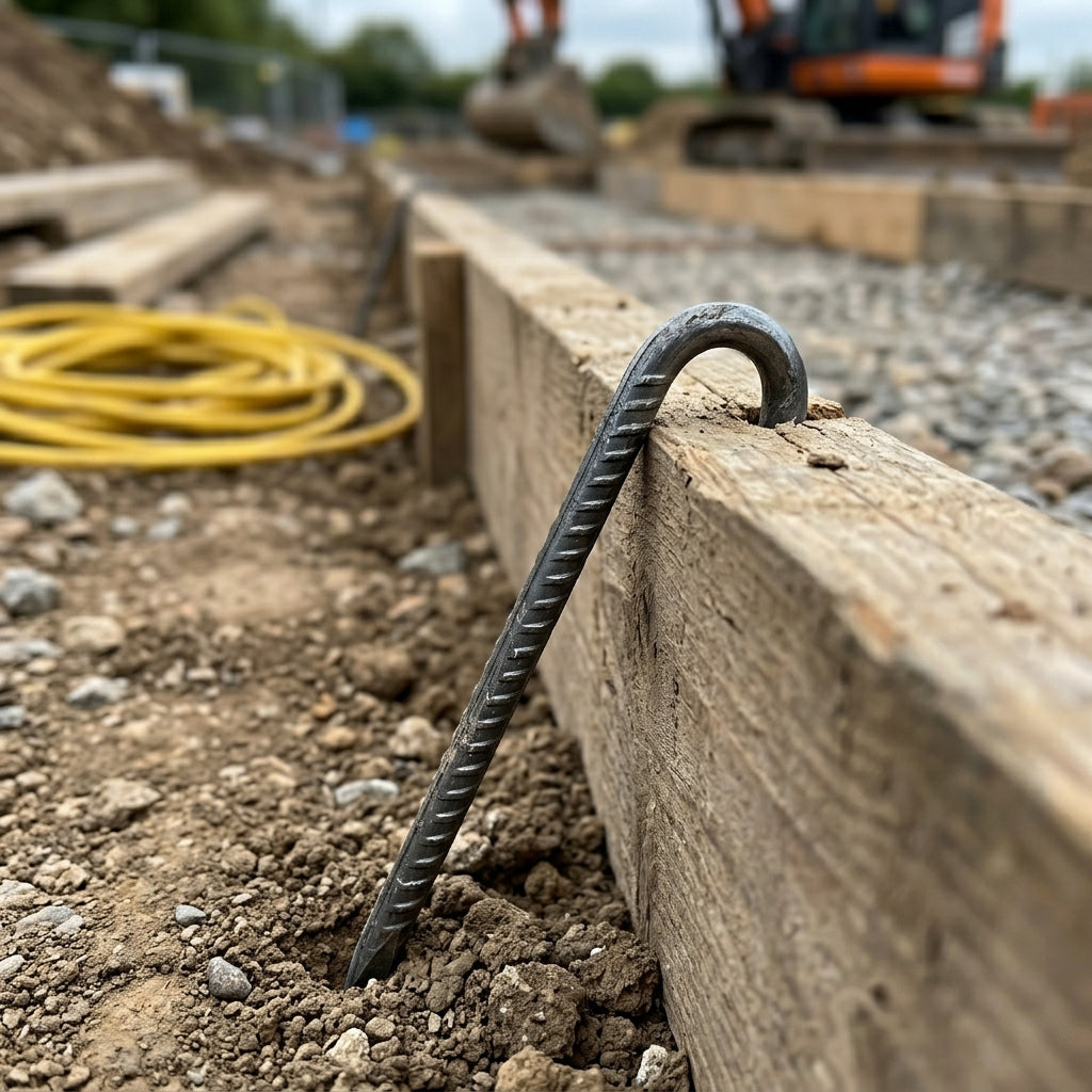 A curved steel rebar stake driven into soil next to a wooden formwork panel on a construction site, with gravel, wood, and an excavator blurred in the background.