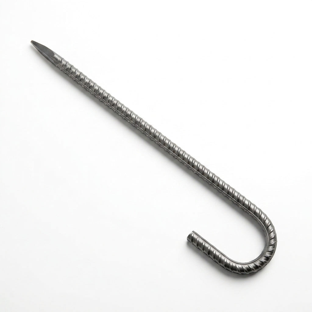 A single metallic J-shaped hook with a ribbed rebar texture, shown on a plain white background.