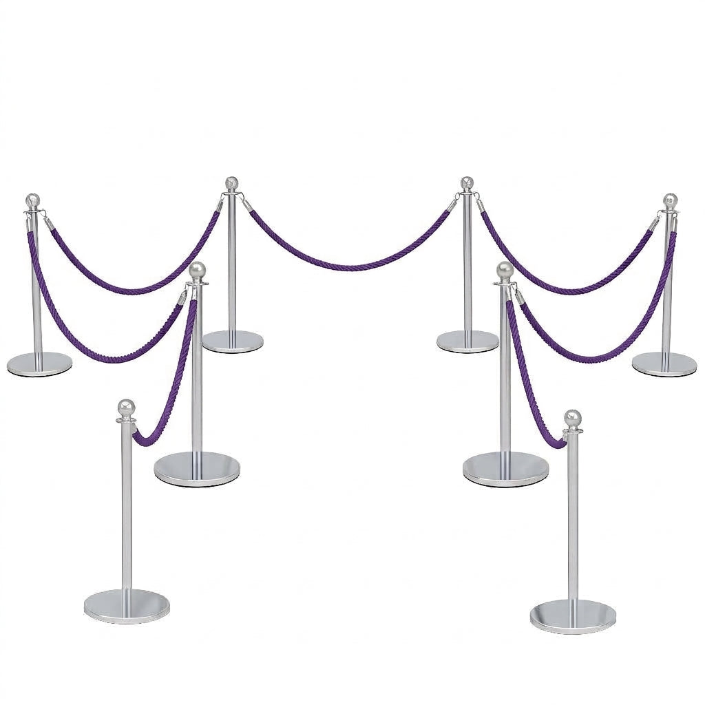 COCUS purple rope barrier, 6 pack set, with polished stainless steel posts