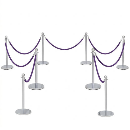 COCUS purple rope barrier, 8 pack set, with polished stainless steel posts