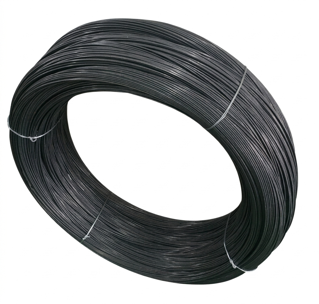 Coiled black wire on a white background