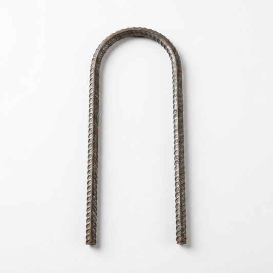 A U-shaped piece of twisted rebar wire with a textured metallic finish, displayed vertically on a clean white background.