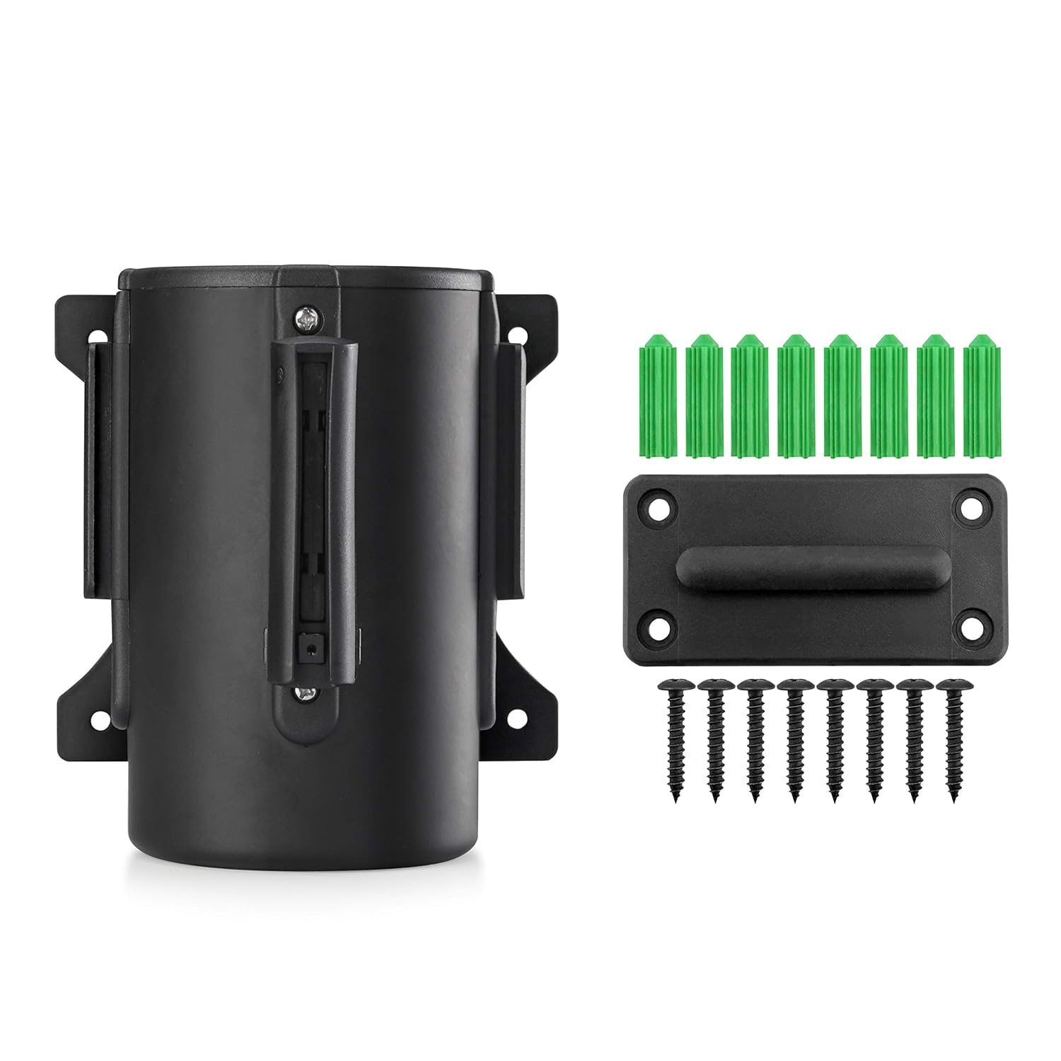 Black metal bracket with screws and green stakes on a white background