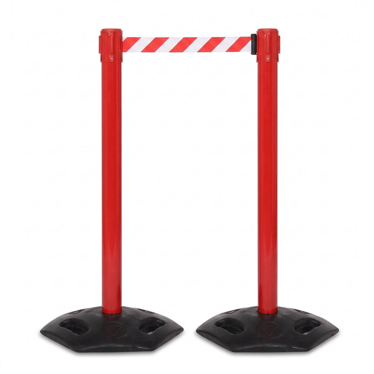 Outdoor heavy duty retractable belt barrier, pack of 2, red posts with red and white belt (WRH959)