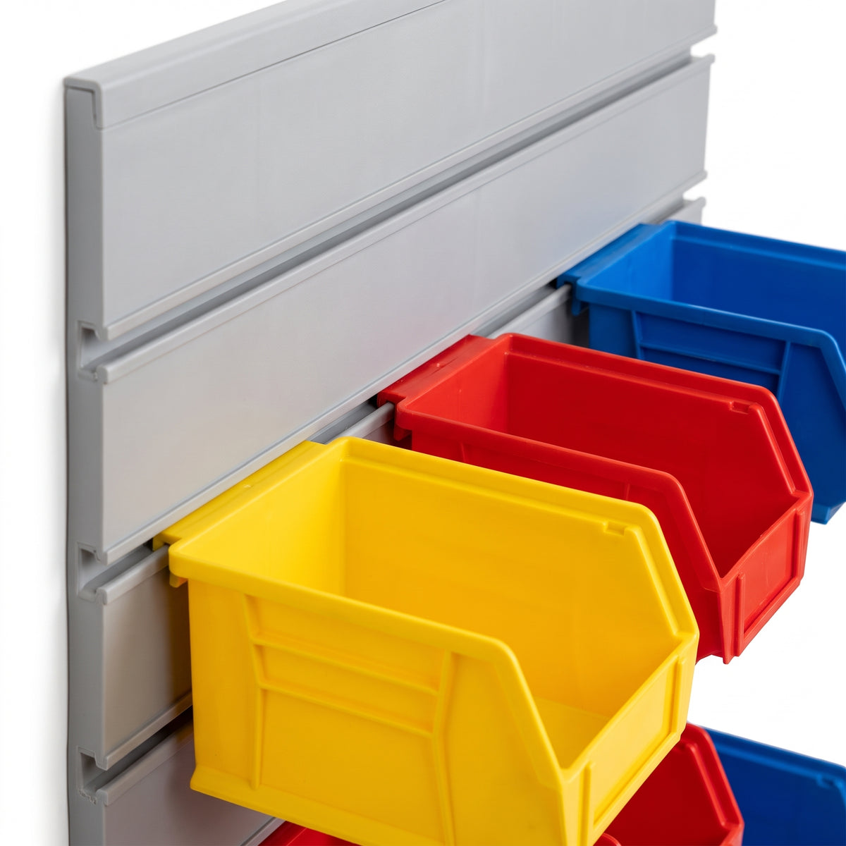 Wide louvre panel kit - close-up of hook-on bins engaging the louvre slots