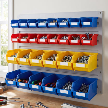 Wide louvre panel kit wall-mounted above a garage workbench with bins filled with fixings