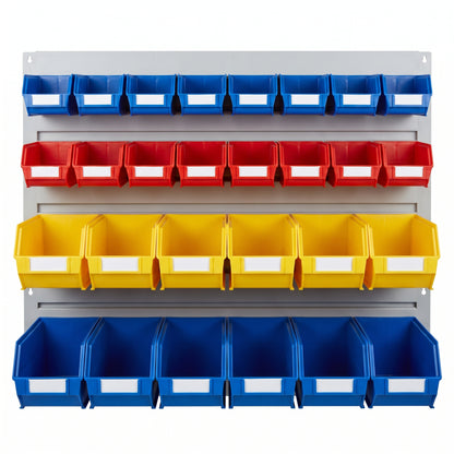 Wide 915mm louvre panel kit with 28 red, blue and yellow hook-on storage bins