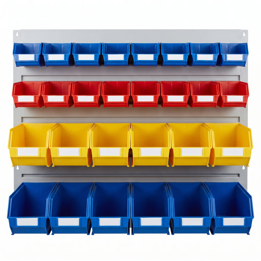 Wide 915mm louvre panel kit with 28 red, blue and yellow hook-on storage bins