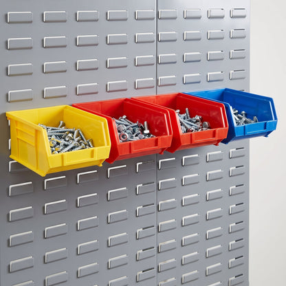 Close-up of hook-on bins engaging the grey louvre panel slots