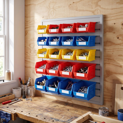 Standard louvre panel kit wall-mounted in a workshop with bins filled with fixings
