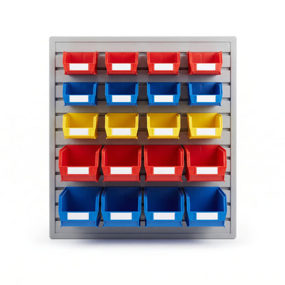 Standard louvre panel kit with 20 red, blue and yellow hook-on storage bins