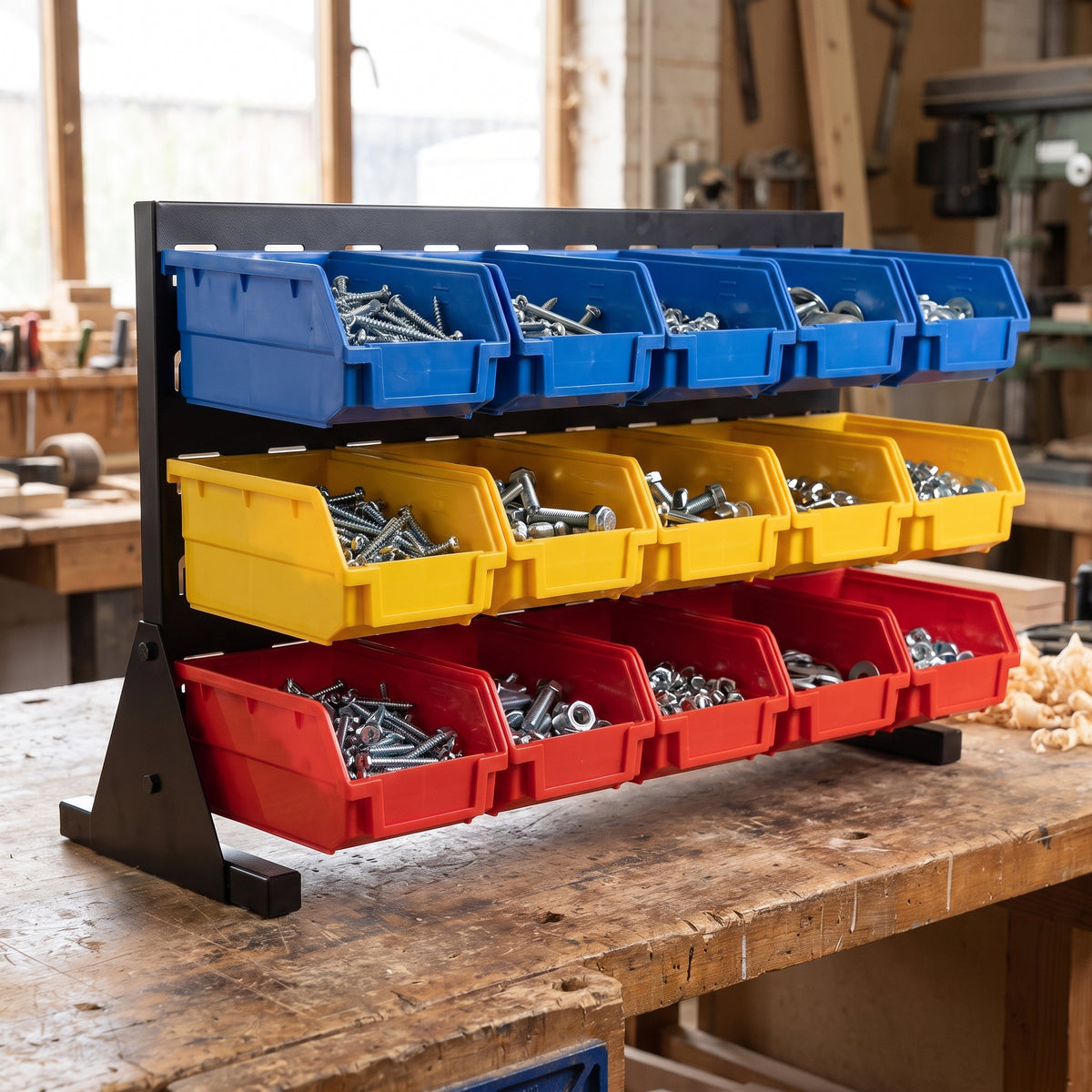 Louvre bench rack on a workshop bench with bins filled with small parts