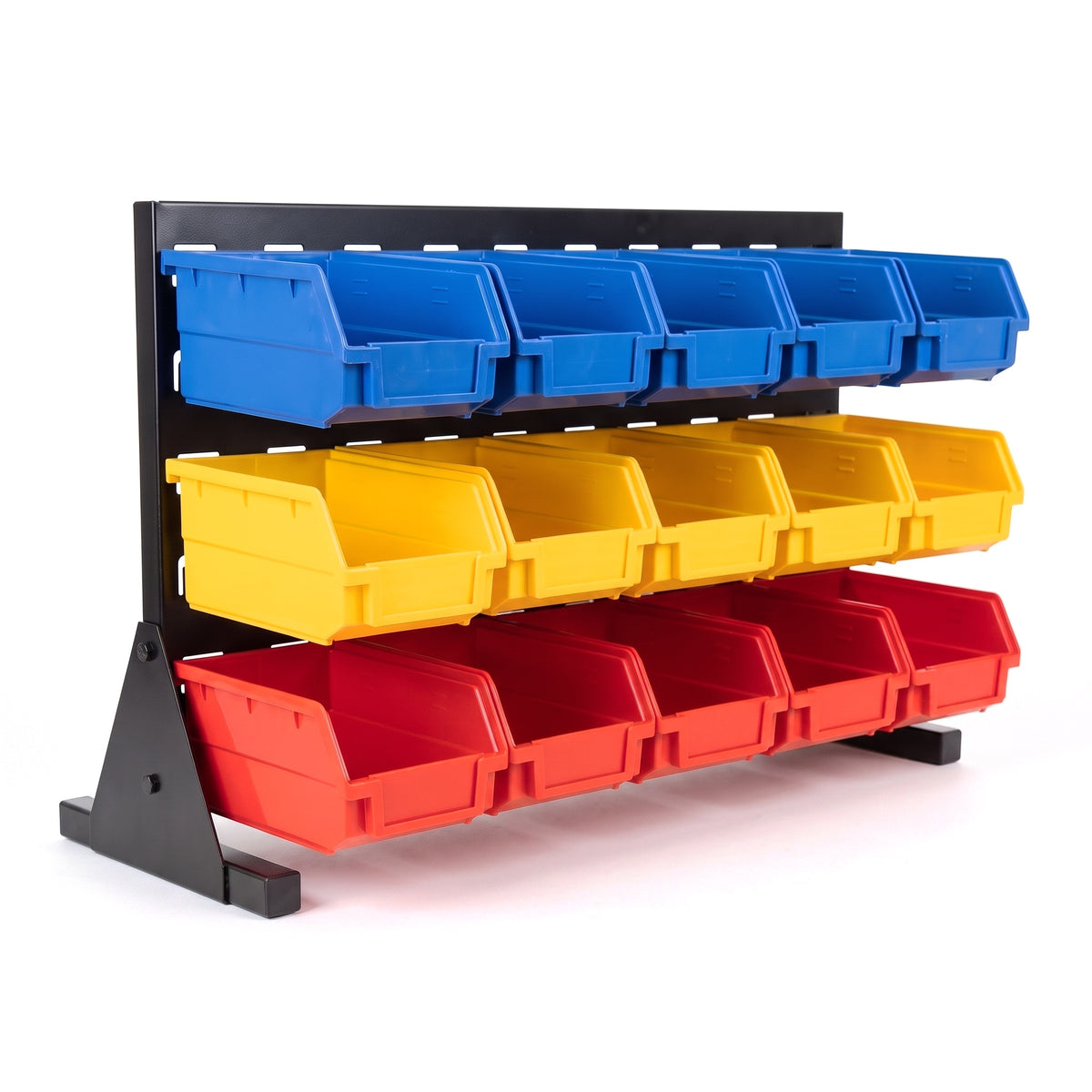 Freestanding louvre bench rack with 15 red, blue and yellow hook-on storage bins