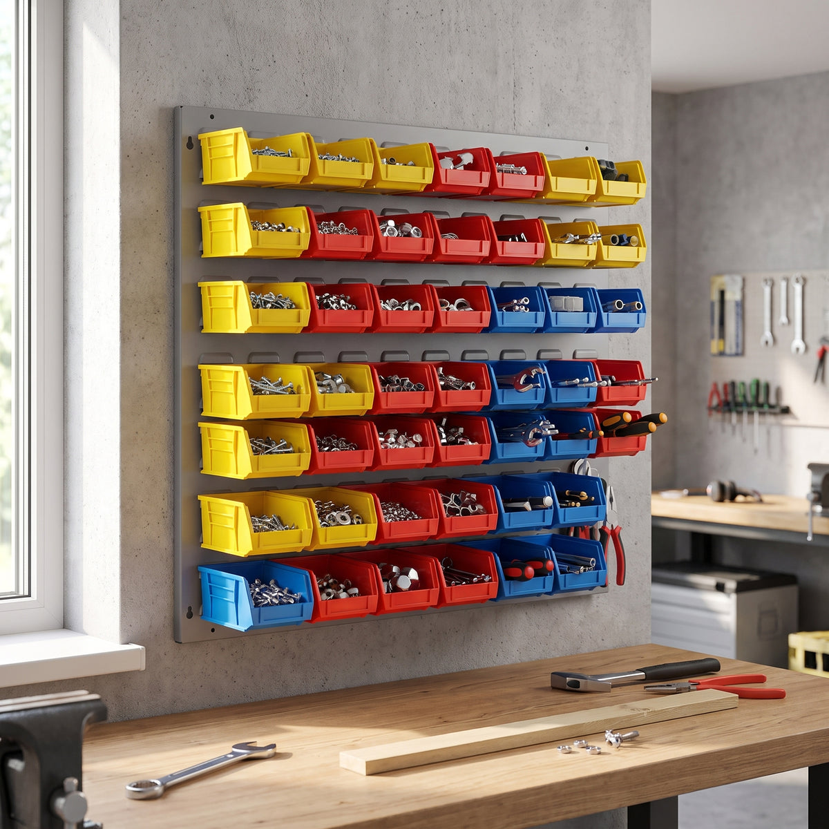 Standard grey louvre panel wall-mounted in a workshop with bins