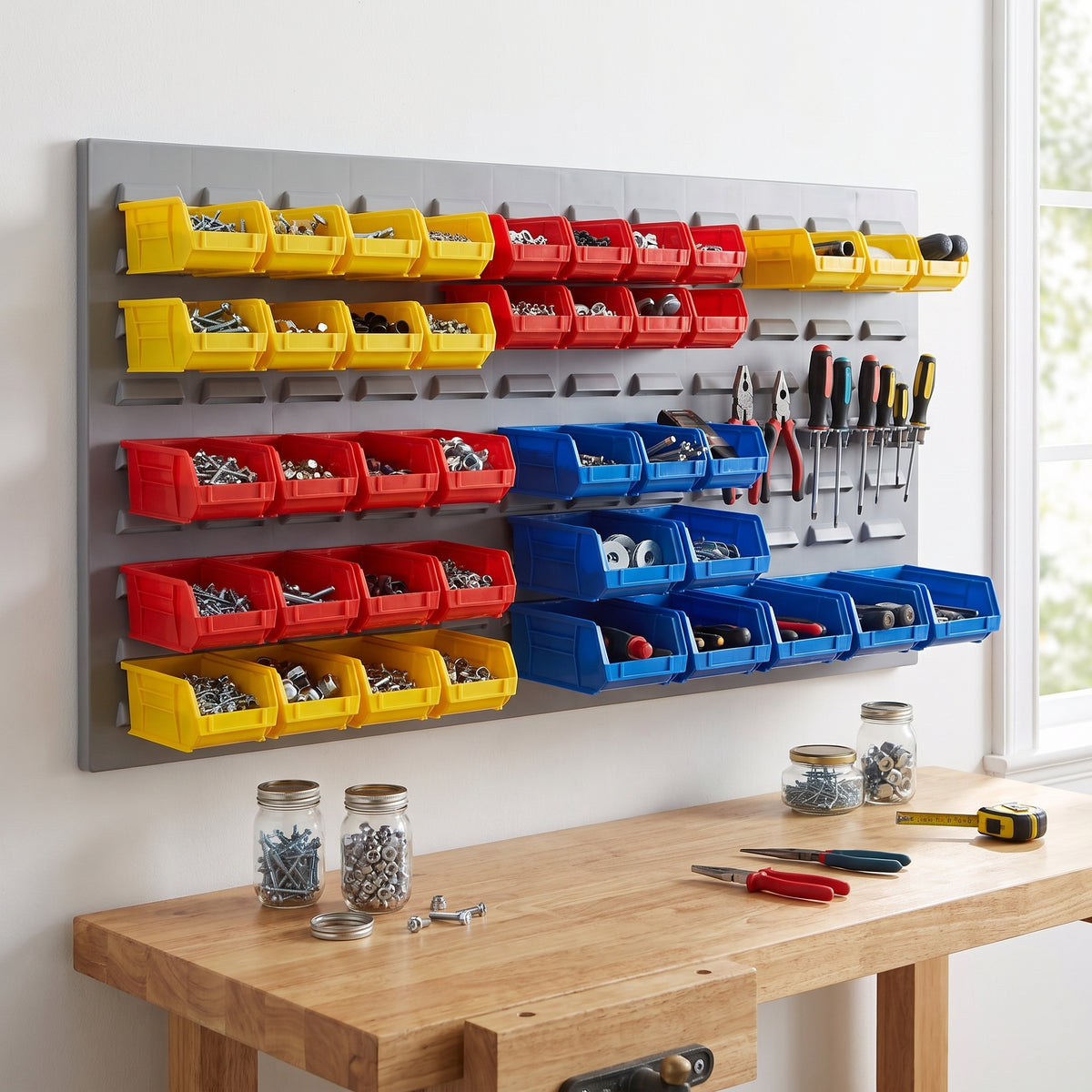 Wide grey louvre panel wall-mounted in a workshop with bins