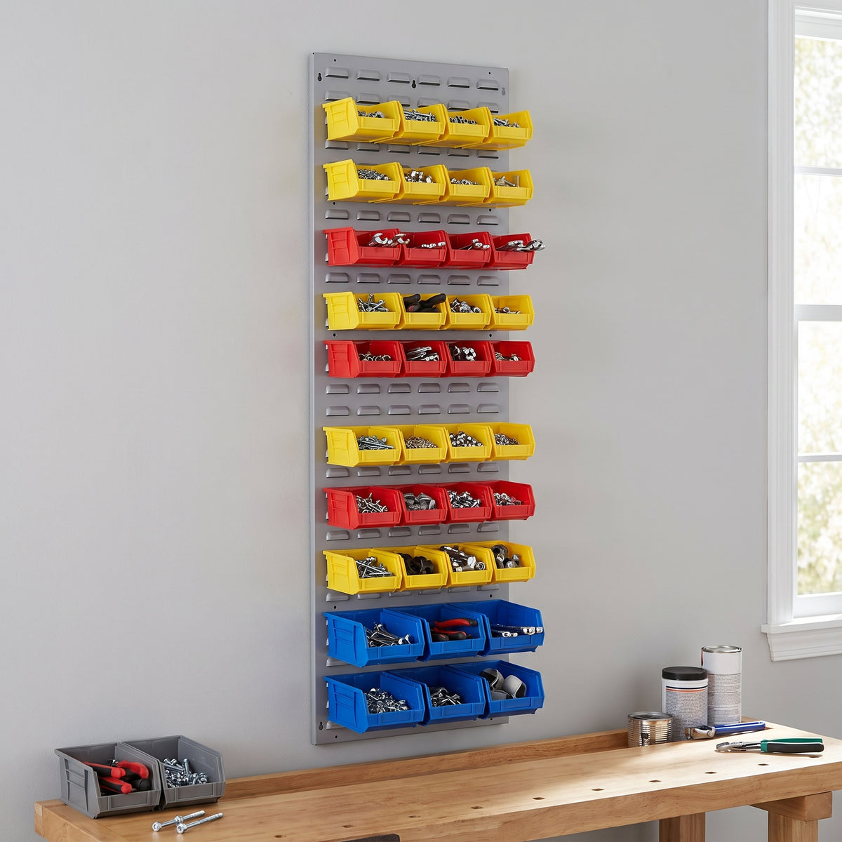 Tall grey louvre panel wall-mounted in a workshop with bins