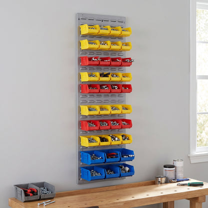 Tall grey louvre panel wall-mounted in a workshop with bins