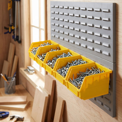 Row of small yellow hook-on bins on a louvre panel in a workshop