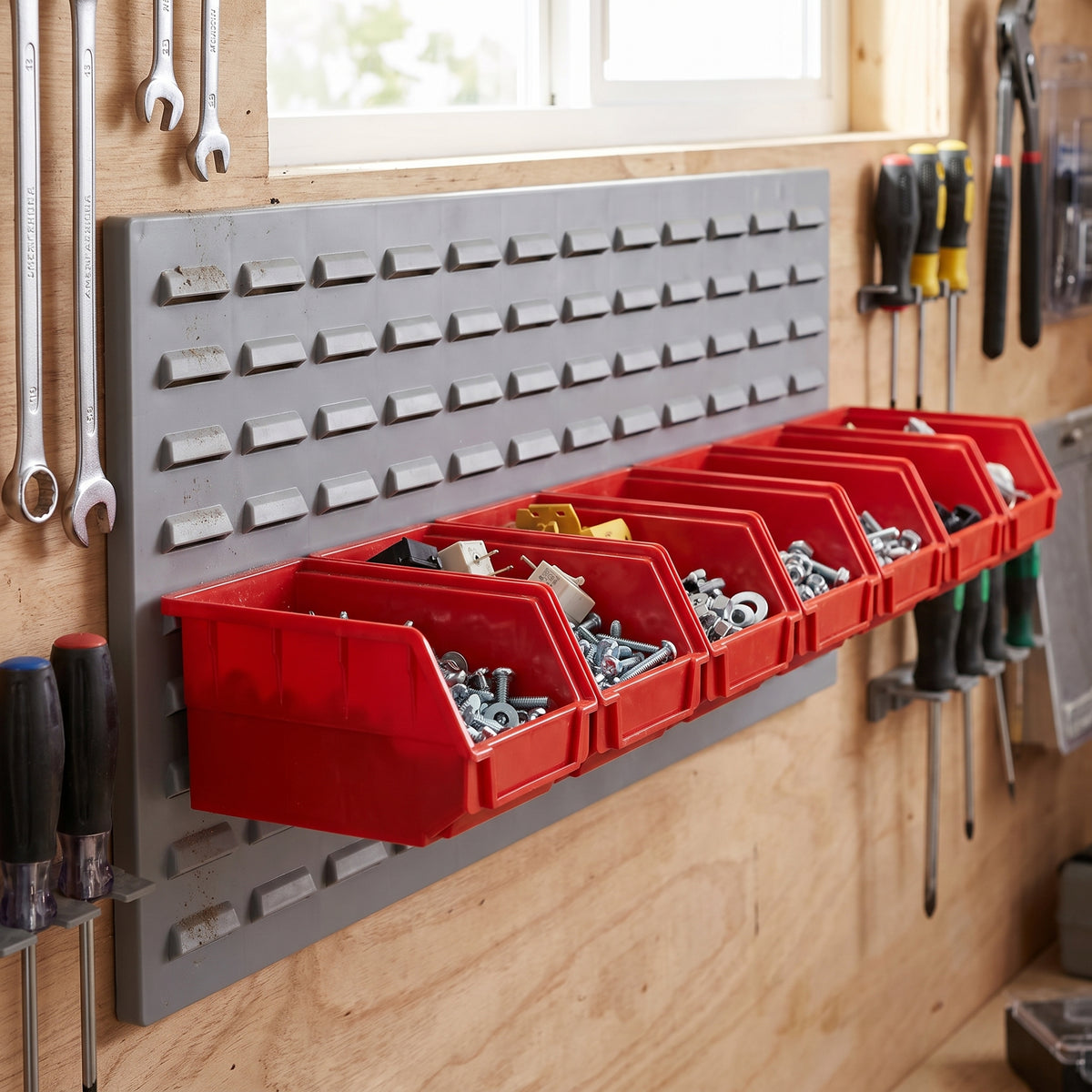 Row of small red hook-on bins on a louvre panel in a workshop