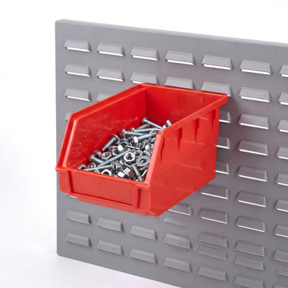 Small red hook-on bin on a louvre panel filled with fixings