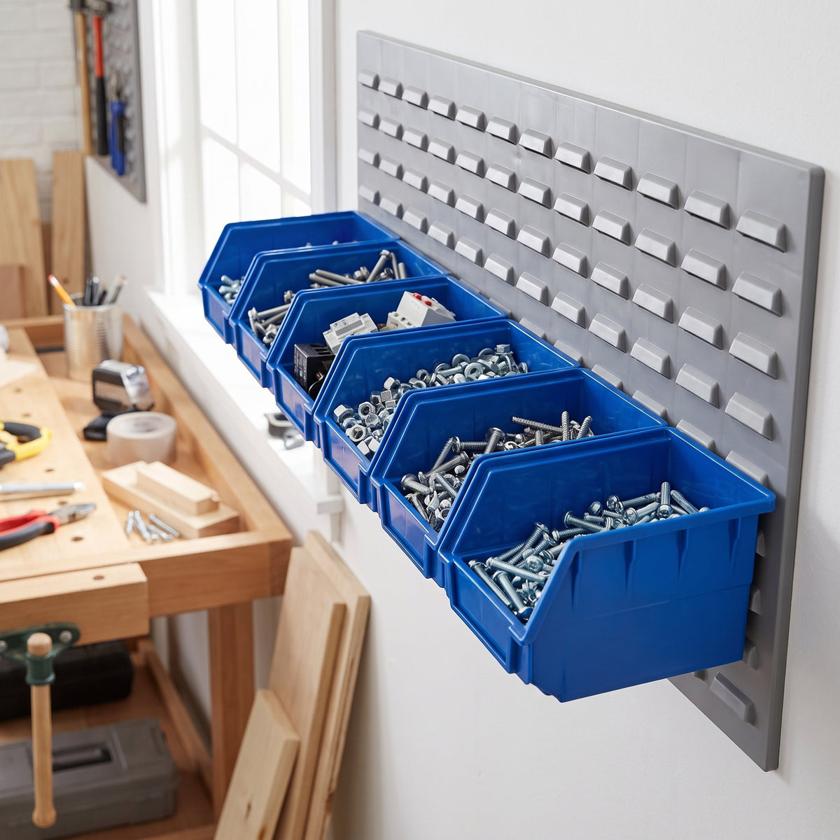 Row of small blue hook-on bins on a louvre panel in a workshop