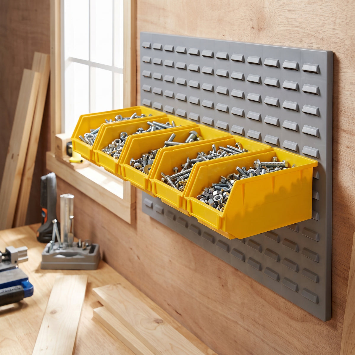 Row of medium yellow hook-on bins on a louvre panel in a workshop