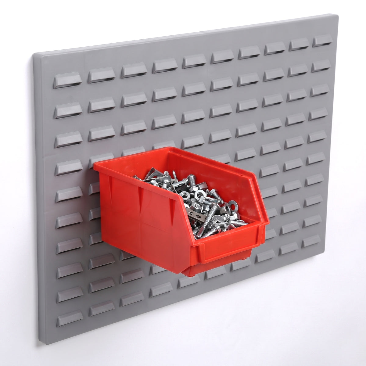 Medium red hook-on bin on a louvre panel filled with fixings