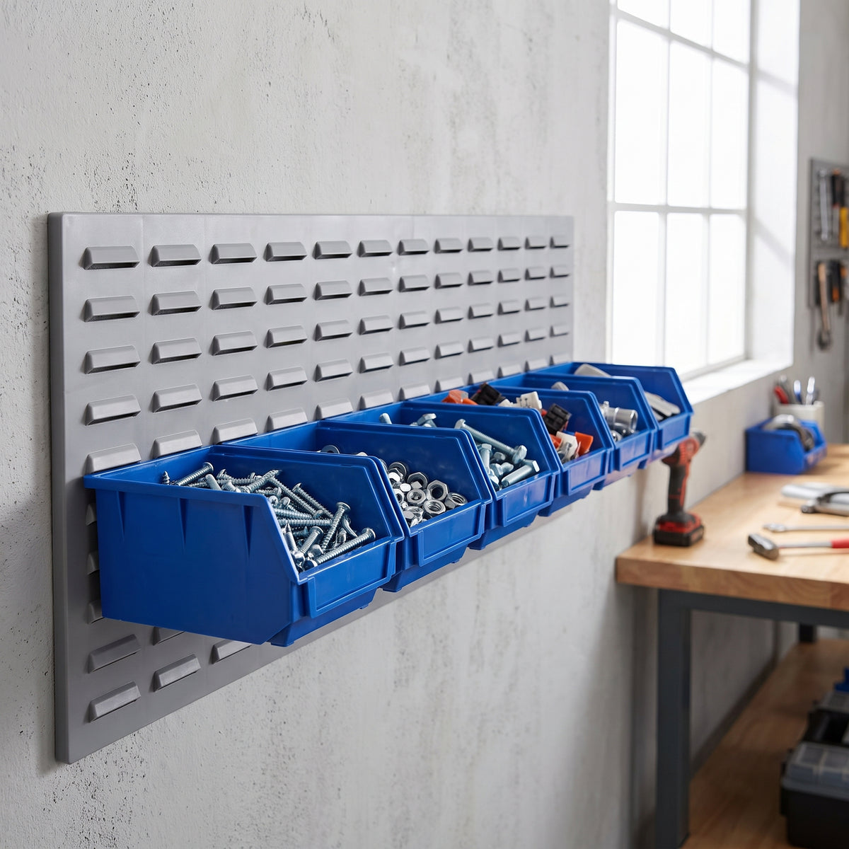 Row of medium blue hook-on bins on a louvre panel in a workshop