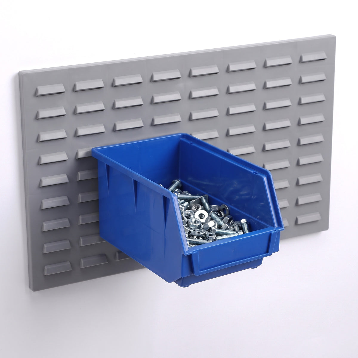 Medium blue hook-on bin on a louvre panel filled with fixings