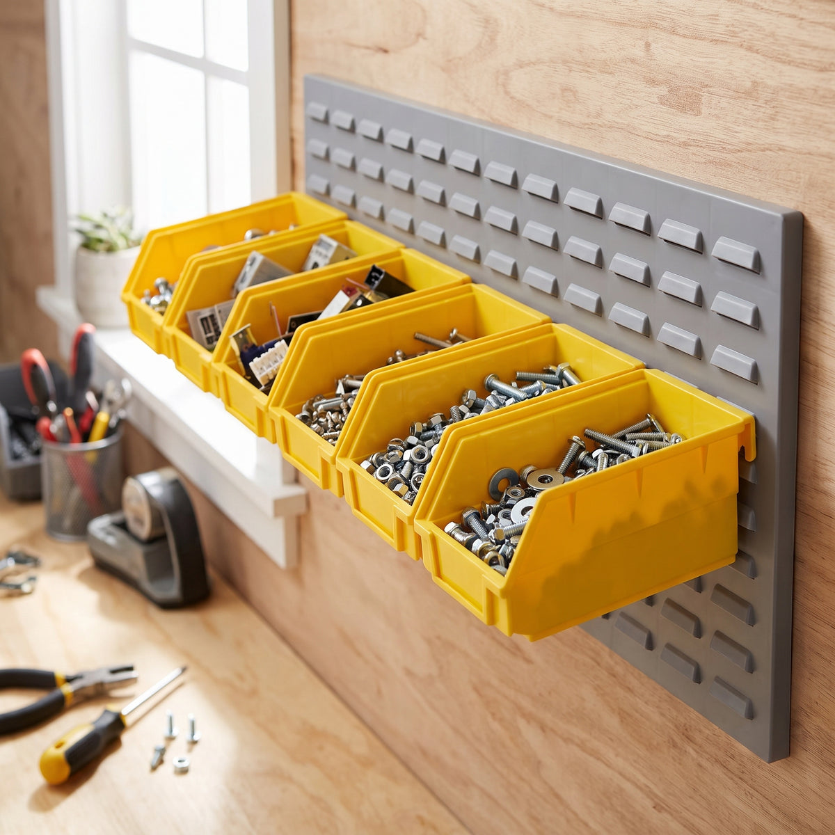 Row of large yellow hook-on bins on a louvre panel in a workshop