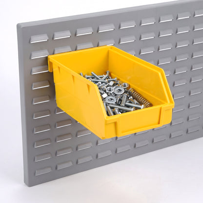 Large yellow hook-on bin on a louvre panel filled with fixings
