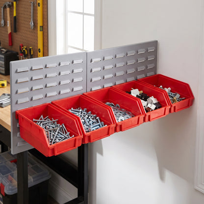 Row of large red hook-on bins on a louvre panel in a workshop