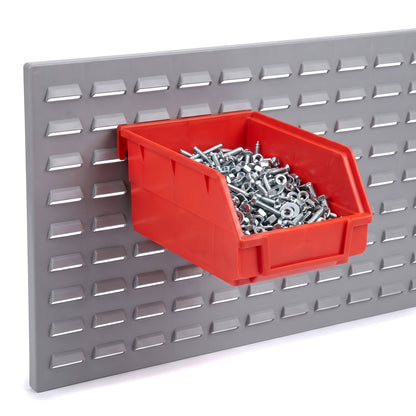 Large red hook-on bin on a louvre panel filled with fixings