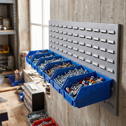 Row of large blue hook-on bins on a louvre panel in a workshop