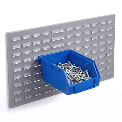 Large blue hook-on bin on a louvre panel filled with fixings