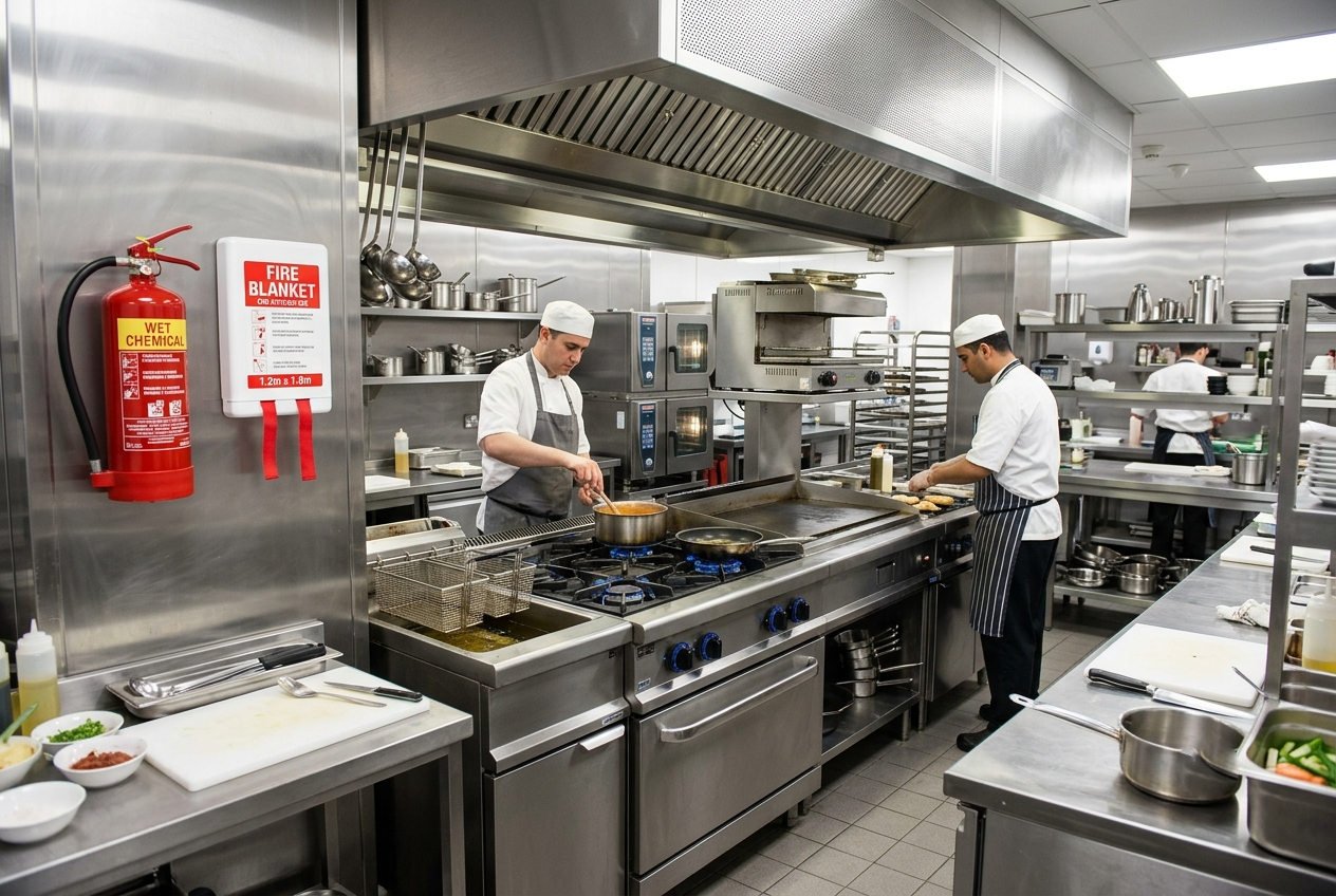 Red wet chemical fire extinguisher and fire blanket mounted in a commercial kitchen
